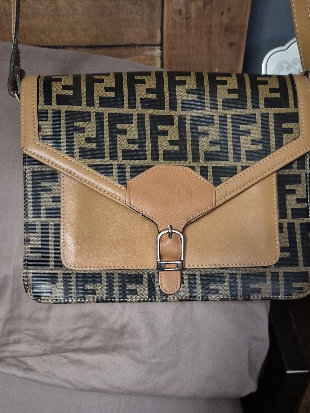 Fendi Black and Tan FF Logo Crossbody Bag